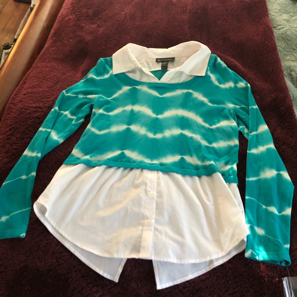 INC teal  top with layered white shirt attached